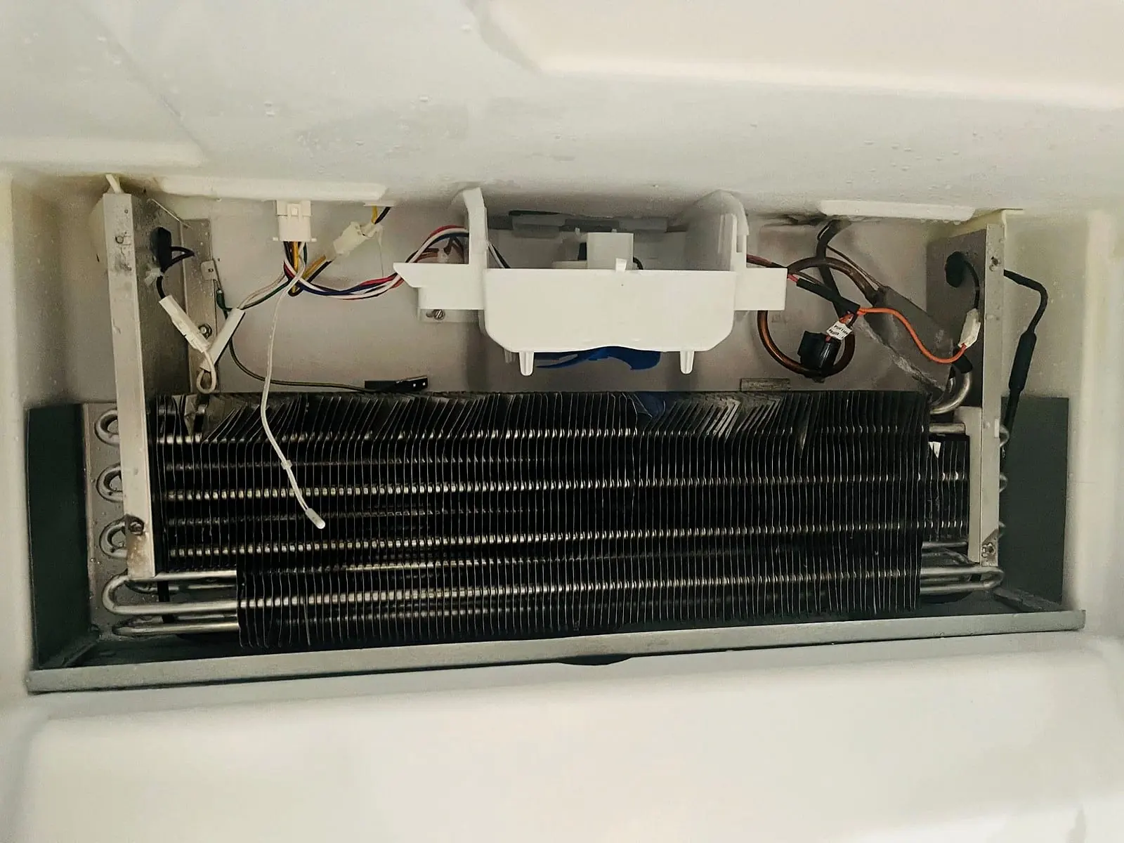 Freezer with the back panel removed, showing the evaporator coil, fan housing and wiring